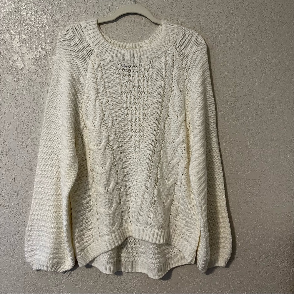 a.n.a women’s balloon sleeve cable knit sweater, Large, snowdrift white